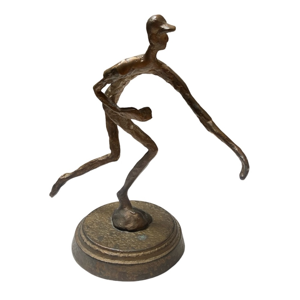 Baseball Player Sculpture Pitcher Hammered Metal Base Bronze Tone Unique